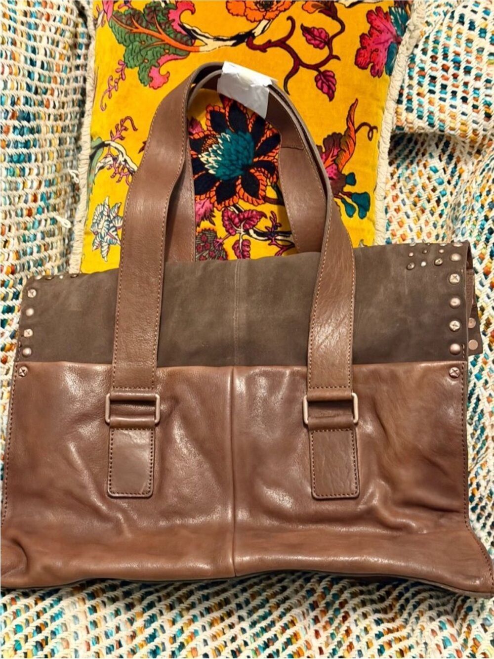 Free People Shay Tote Espresso Brown Studded Leather Satchel - Picture 9 of 10